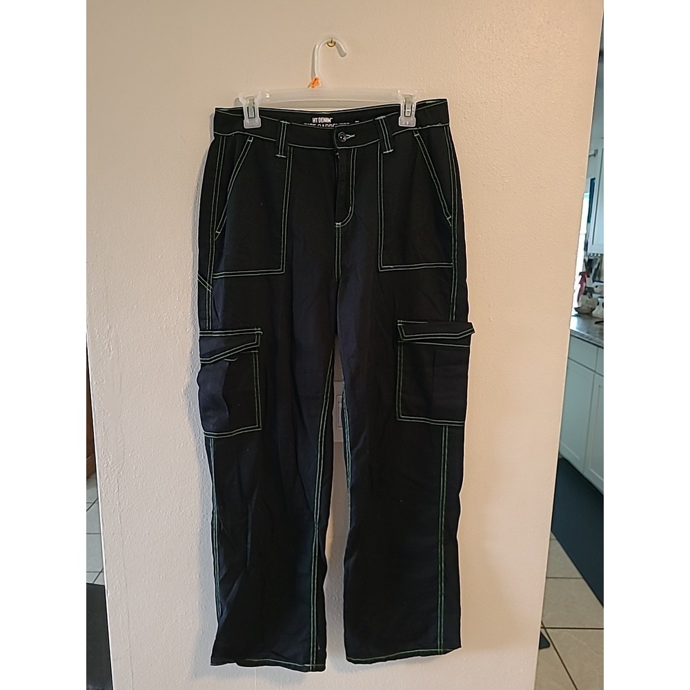 Hot Topic Hi-Rise Carpenter Pants Womens Size 9 Black Green Stitching Y2K Grunge